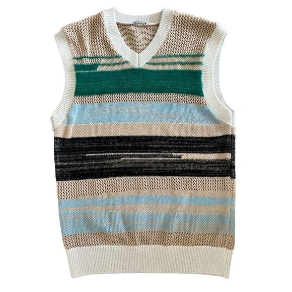 ZARA Ecru Shirt Vest Sleeveless V-neck Striped Multicolor Knit Size M - Picture 6 of 6